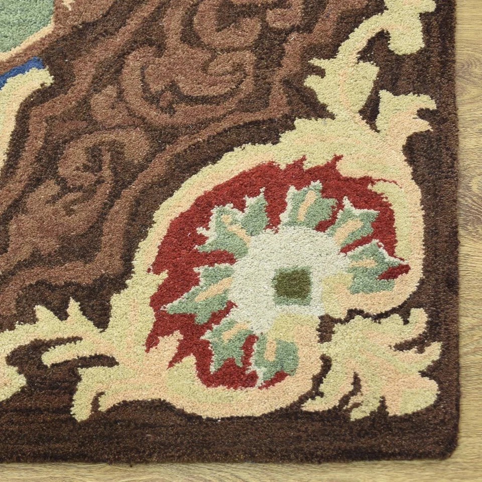 Alfombra geométrica estilo victoriano Aubusson verde lana acolchada a mano todas las tallas Foto 4 de 4