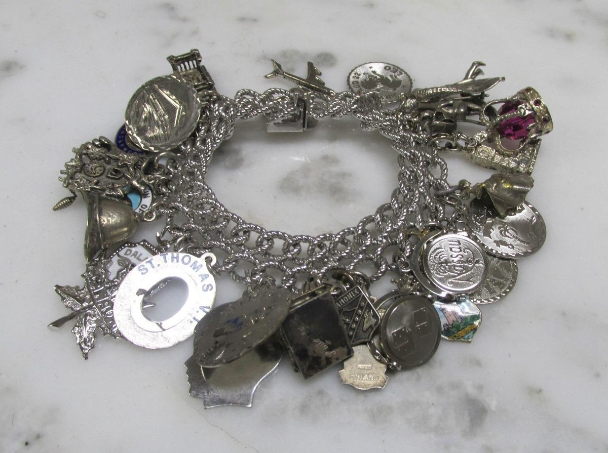 Sterling Silver Charm Bracelet w/ 30 Misc. Charms ~ 7-1/4