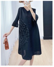 Pleats Please Issey Style Pleated 3D Flower Embroidery Dress, Stetement Dress