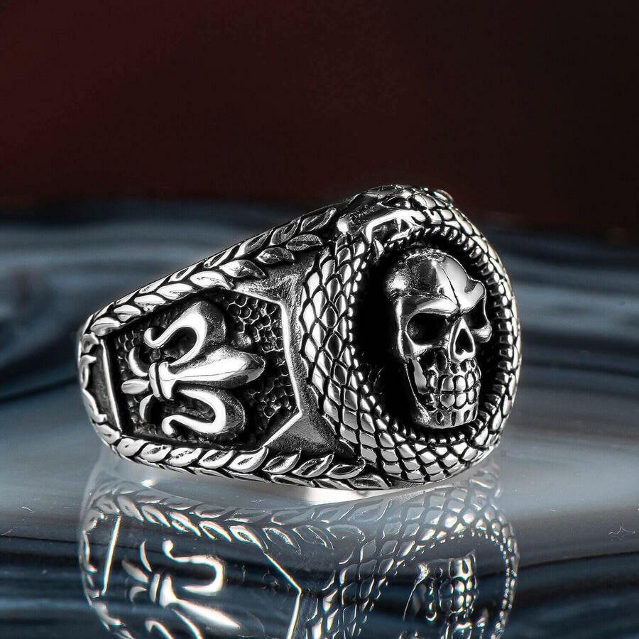 アクセサリー Silver 925 skull design ring 925 Sterling Silver C Z Skull & Cross Design Wide Biker Ring