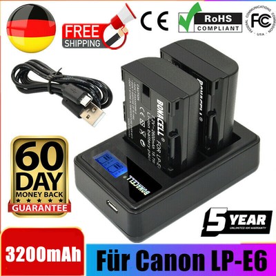 2X 3200mAh LP-E6 Akku + LCD USB Dual Ladegerät Für Canon EOS 5D 6D 70D Mark II