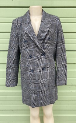 New ZARA Woman Grey Blue Checkers coat double breasted