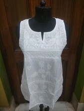 SLEEVELESS COTTON TUNIC M 40" ETHNIC CHIKAN EMBROIDERY HANDMADE KURTA KURTI TOP