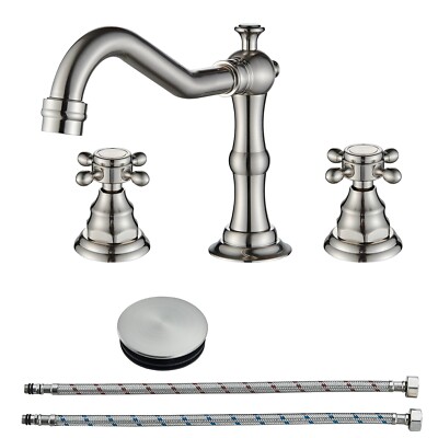 Brushed Nickel Bathroom Sink Faucet 3Holes Widespread Basin Vanity Mixer w/Drain