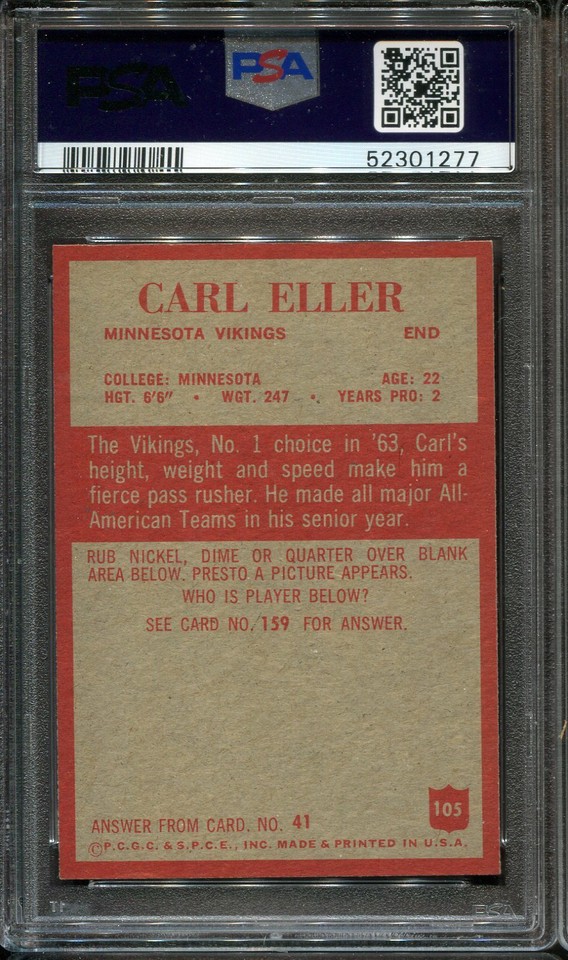 1965 Philadelphia 105 Carl Eller PSA 6 ++ Looks Nicer HOF Minnesota