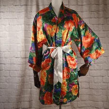 Vtg Victorias Secret Gold Label Small Robe Kimono Satin Short Floral Hong Kong