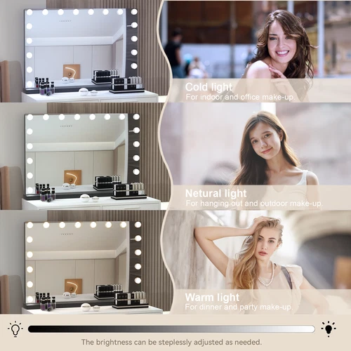 Espejo de tocador Hollywood con luces 18 bombillas LED regulables maquillaje iluminado de 3 colores - Imagen 7 de 10