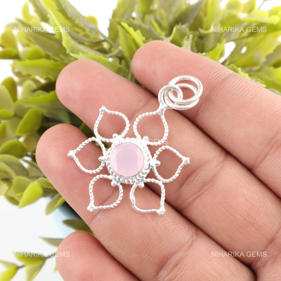 Argento Sterling Rotondo Naturale Rosa Calcedonio Nero Friday Fidanzamento - Immagine 4 di 4