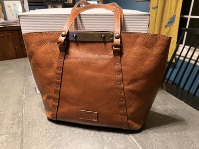 Patricia Nash Benvenuto Brown Italian Leather Studded  Tote Bag Brass Hardware 