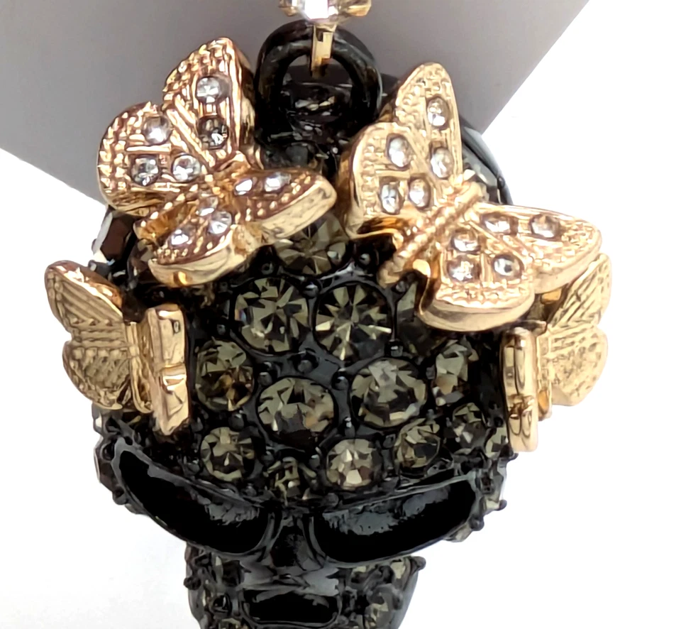 Brincos Betsey Johnson Halloween pavê de carvão caveira ouro borboleta gota com GB - Imagem 4 de 4