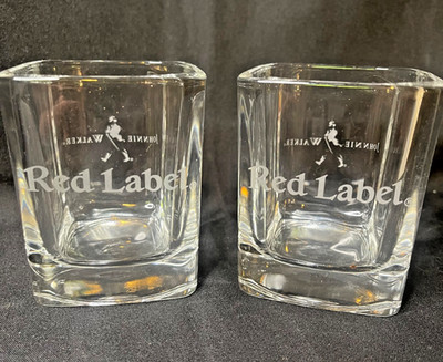 JOHNNIE WALKER RED LABEL FROSTED LOGO SQUARE ROCKS GLASS RARE SET OF 2 NEW
