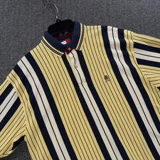Tommy Hilfiger Shirt Mens Large Yellow Navy Striped Crest Logo Polo Preppy 90s