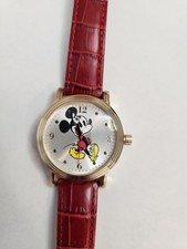 Disney Mickey Mouse Red Leather Gold Case Analog Wristwatch. New Battery