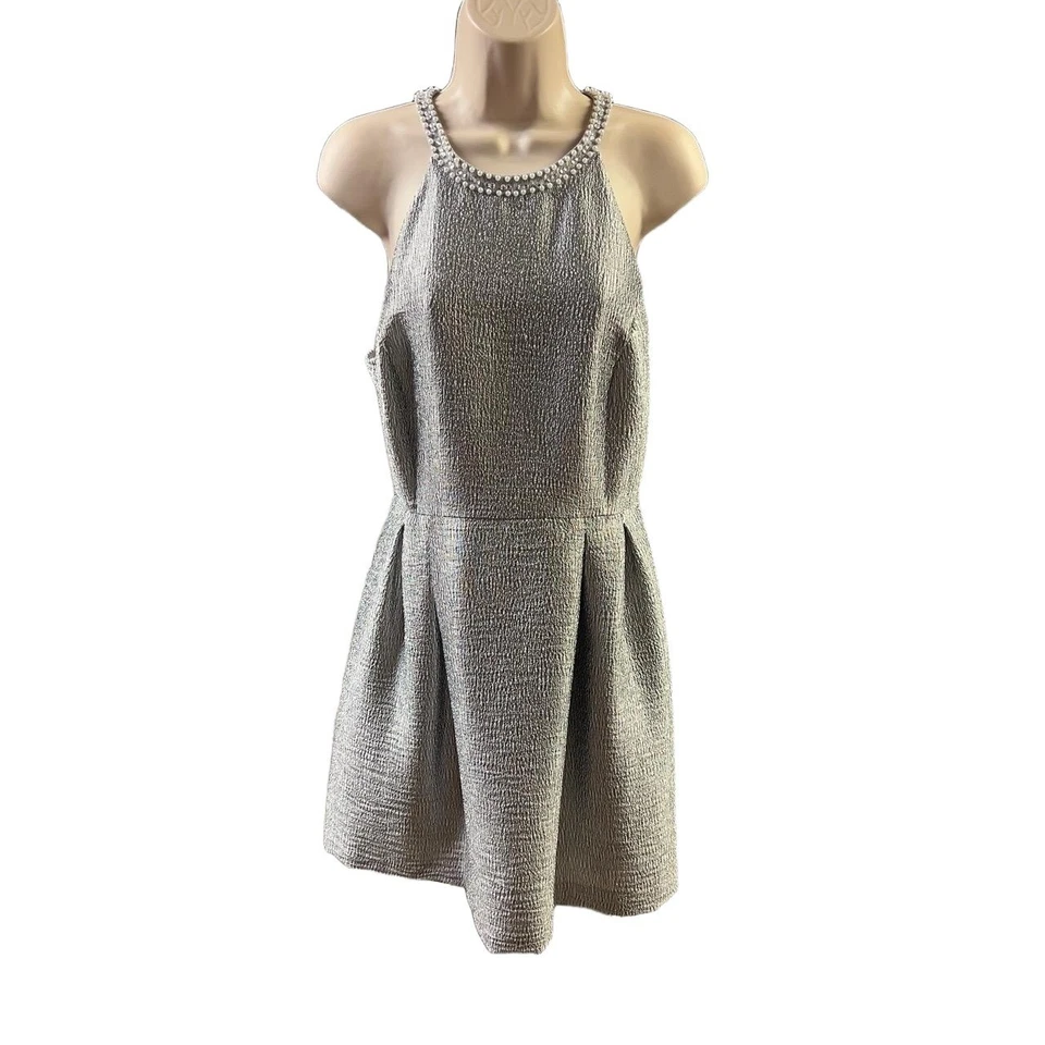 Vestido Jennifer Lopez Mujer Talla 10 Plateado Calce Y Acampanado Halter Perla Glam Fiesta Foto 2 de 4