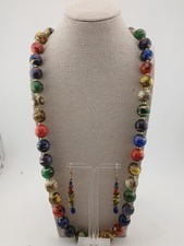 VINTAGE goldtone multicolor beads necklace CORDINATED dangle hook earrings set