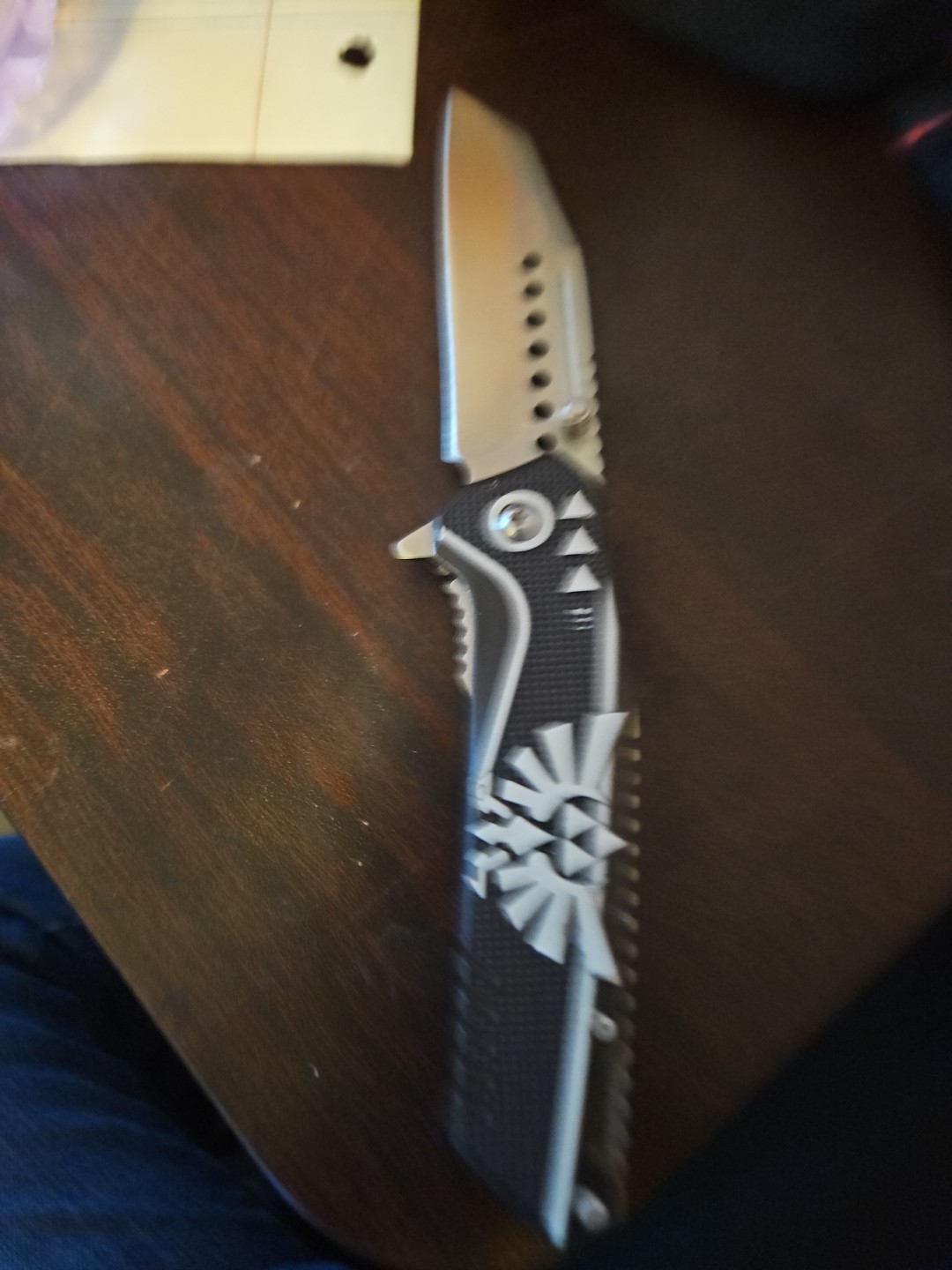 Fantasy-Style Folding Knife | Drop Point Blade | Black Handle w/ Symbol