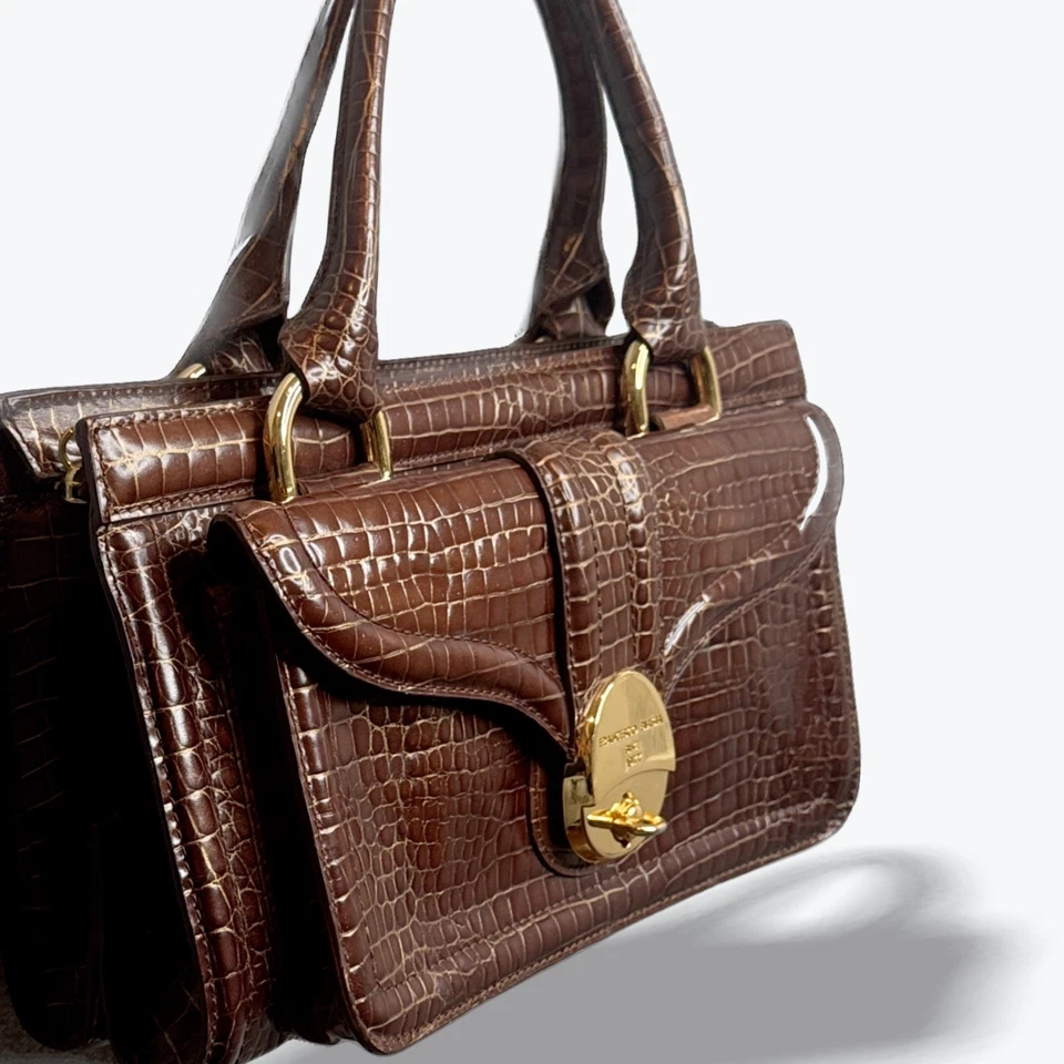 Bolso de Mano Francesco Biasia Cuero Italiano Acentos Dorados Cocodrilo Repujado Foto 2 de 4