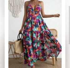 Multicolor V-Neck Spaghetti Strap Summer Maxi Dress Colorful Tropical Small