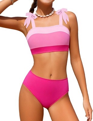 Girls Bathing Suits Size 8-10 Pink Color Block Adjustable Straps 2 Piece Biki...