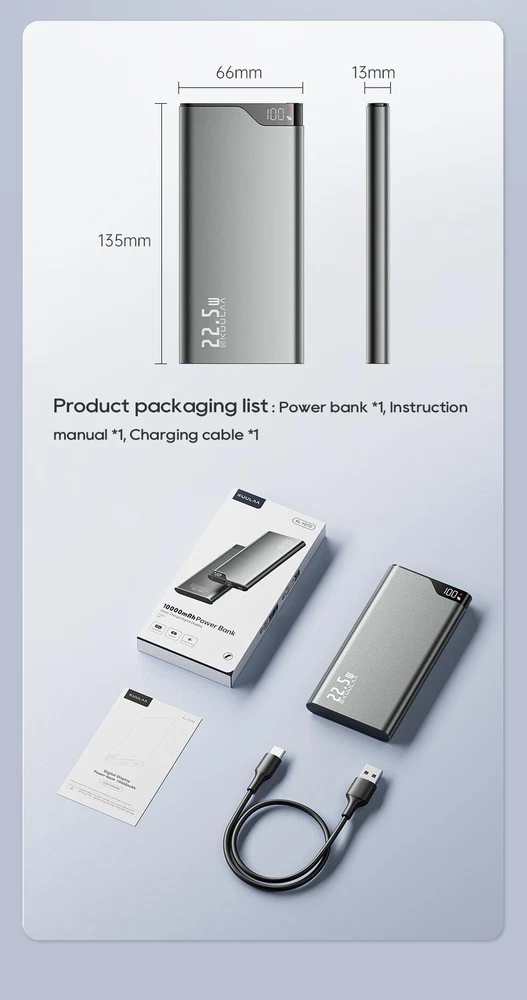 Power Bank 10000mah Mobile Phone Plastic Medium Grey 2-usb 5v Backup 22.5w Power Bank 10000mah Mobile Phone Plastic Medium Grey 2-usb 5v Backup 22.5w