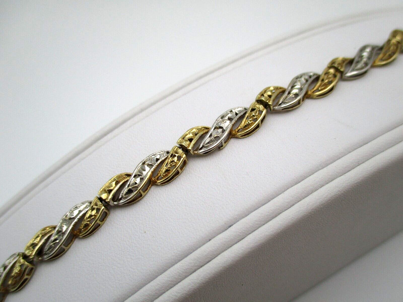 10K Yellow & White Gold Diamond-Cut Wavy Link Bracelet