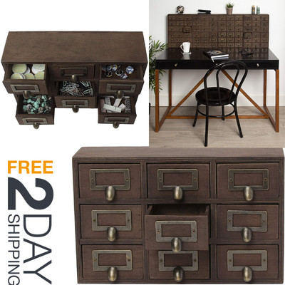 9 Drawer Metal Holder Apothecary Wood Cabinet Desk Organizer Tea Bags Rustic Ebay