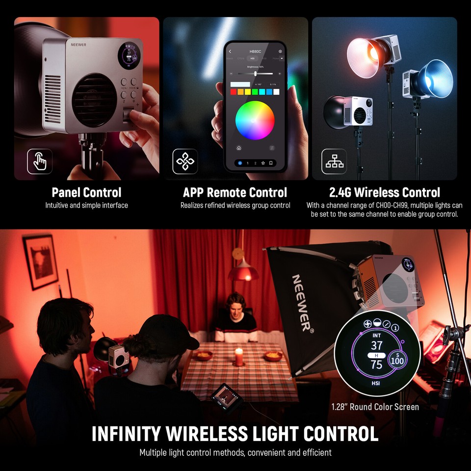 NEEWER Éclairage Vidéo LED 80W Avec Batterie 72Wh / Charge Rapide PD 100W/Contrôle APP & 2,4G, Éclairage Continu COB Bicolore Portable 25500lx/1m