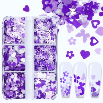 6 Grids Mixed Shape Purple Nail Art Sequins Shiny Glitter Flakes For Nails DIY