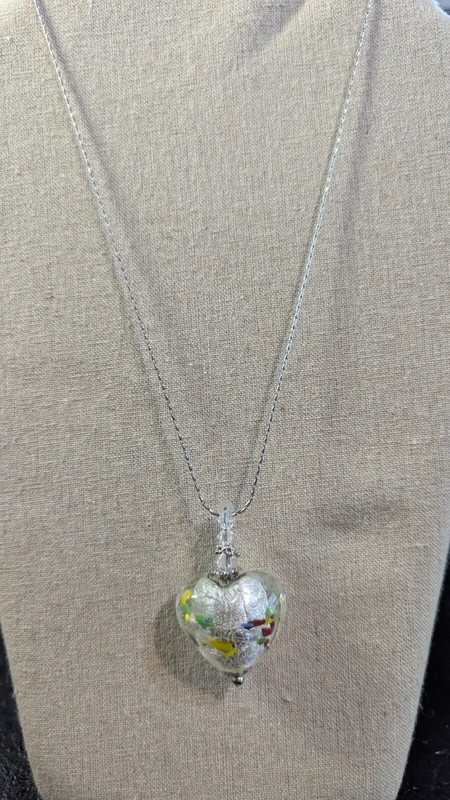 Vintage Murano Glass Heart Necklace Pendant Silver and Mixed Colors 18 inches