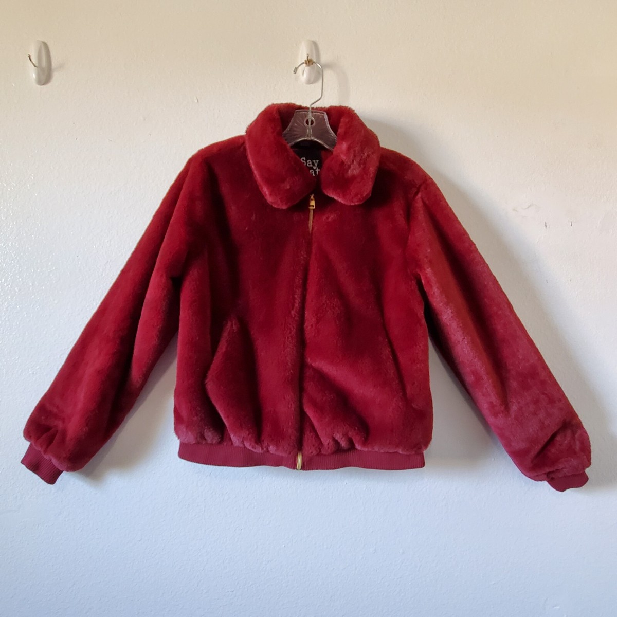 Say What Jacket Womens M Red Faux Fur Lined Soft Collar Pockets