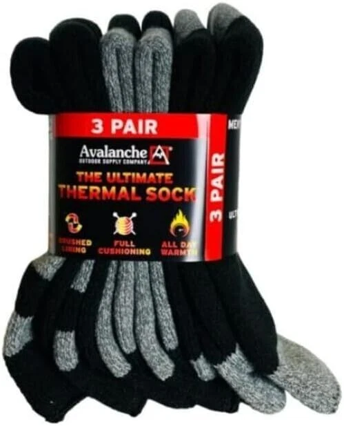 AVALANCHE ULTIMATE THERMAL CREW SOCKS MEN 6-12 SHOE SIZE 3 PAIR ALL DAY WARMTH