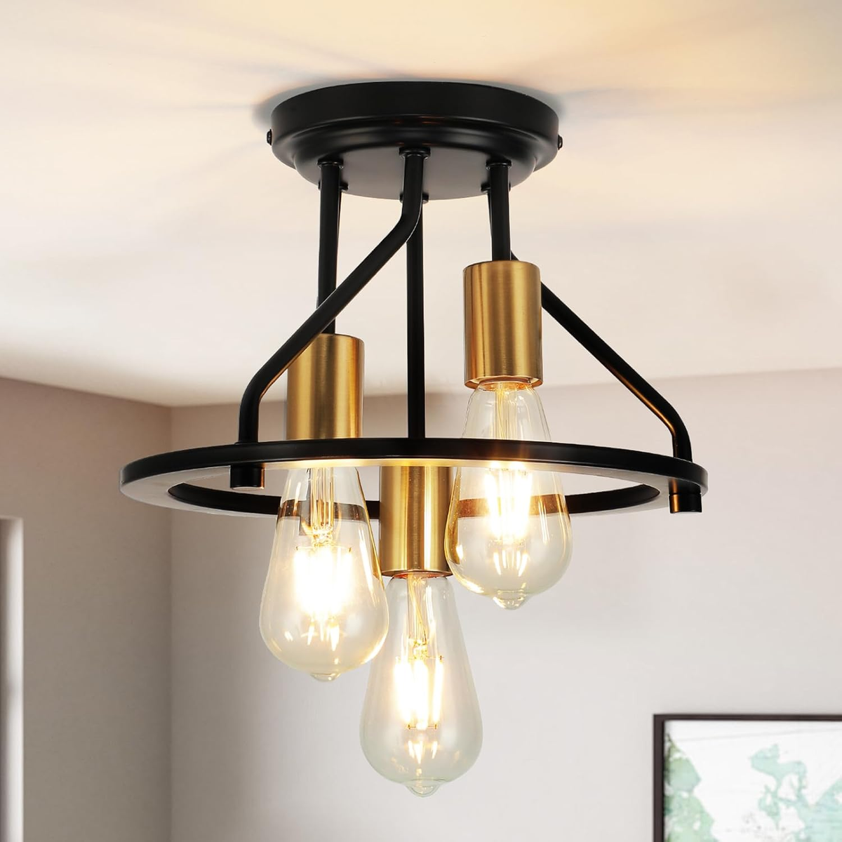 Industrial Semi Flush Mount Ceiling Light - 3-Light Black Gold