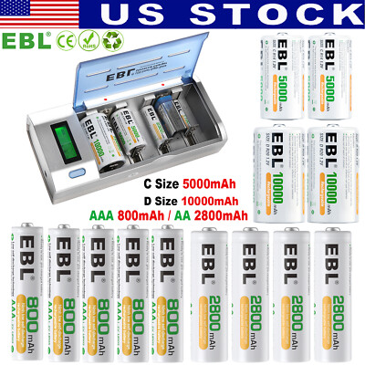 Lot EBL C D Size Cell Rechargeable Batteries AA AAA Battery , Optional Charger