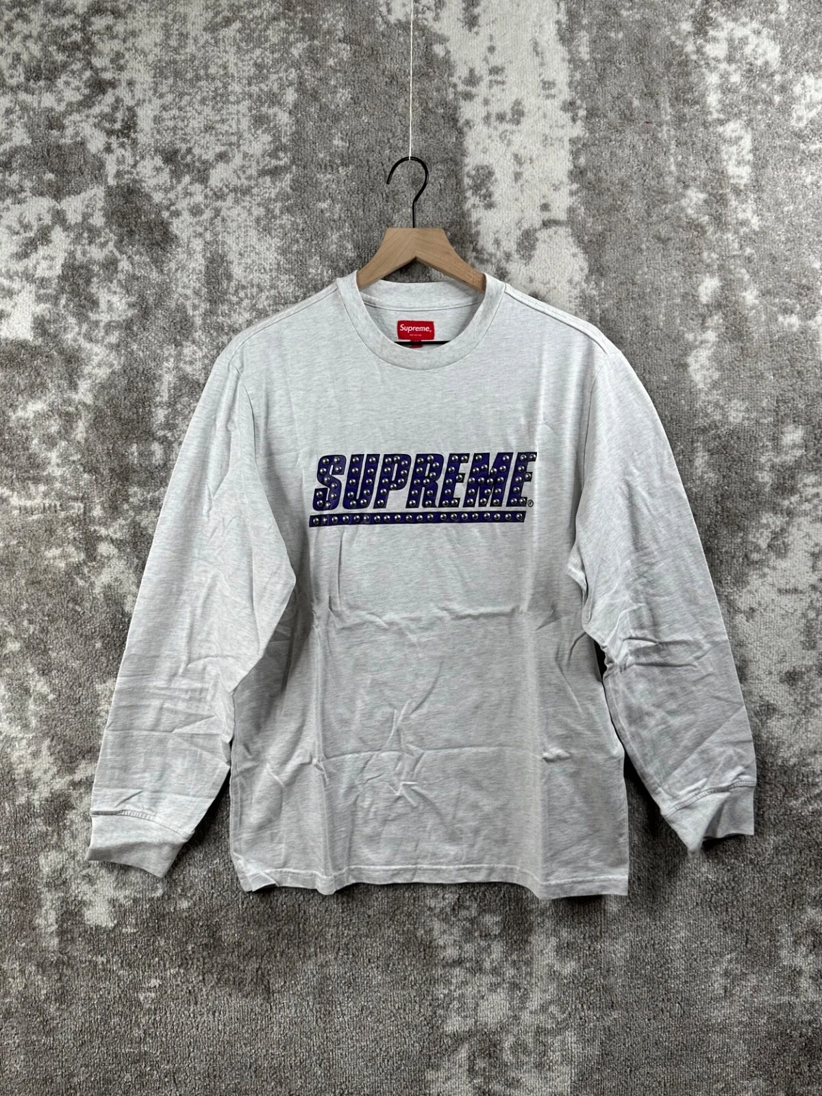 Nouveau t shirt Supreme moyen homme gris clouté graphique manches longues