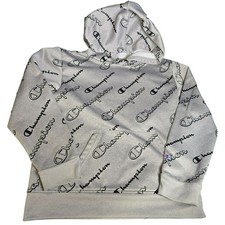 EUC Champion Youth Hoodie 10/12 Gray All Over Logo Print Pullover Sweatshirt