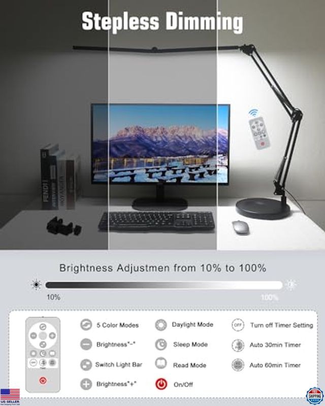 Toolour 2-in-1 LED Desk Lamp - Double Head Clip-On Light with Remote, Dimmable