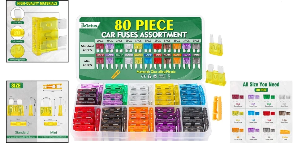 Set de 80 Fusibles Voiture Bolatus - 2A à 40A, ID Facile avec Extracteur Inclus - Photo 2/4
