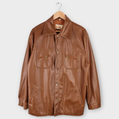 #ad Vintage Fingerhut Fashions Brown Faux Leather Jacket 70s Style Size 44 $64.95