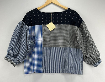 Matta NY Patchwork Blouse Top Size S Womens Blue Gingham Striped Balloon Sleeve