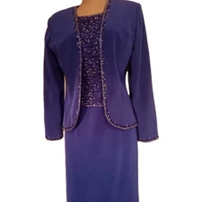 Vintage Taylor Made Blue Sequin  2pc Open Jacket Long Evening Dress Set Sz 10