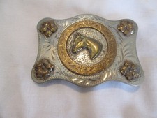 Western Horse Head Belt Buckle Gold  Silver Tone W/ Flower Accents Hand Made