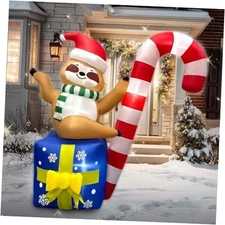 6ft Christmas Inflatable Sloth with Candy Cane Decorations Built-in LED 