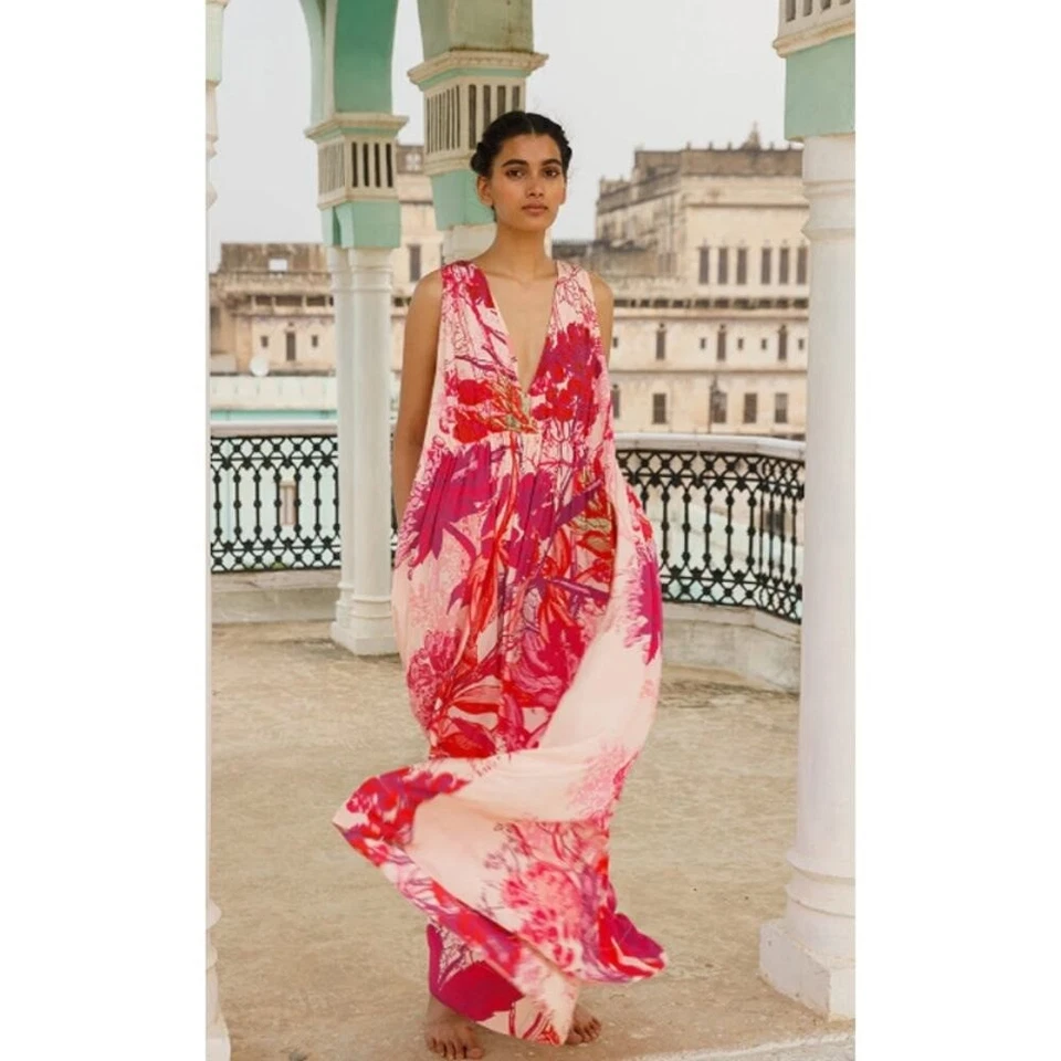 Roopa Pemmaraju The Peela Silk V-Neckline Maxi Gown Dress Multicolor Size Small - Image 3 of 4