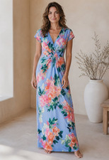 Boho Vince Camuto Blue/Multicolor Floral Maxi Dress V-Neck Cap Sleeve 8 Zipper