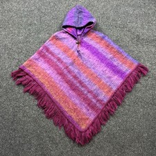 Alpaca Wool Hooded Poncho Cape Pullover Rainbow Colorful Womens Whimsical Boho
