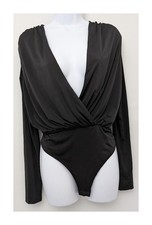 Flounce Club Black Deep V Neck Long Sleeve Thong Back Bodysuit UK 10 Wrap Front