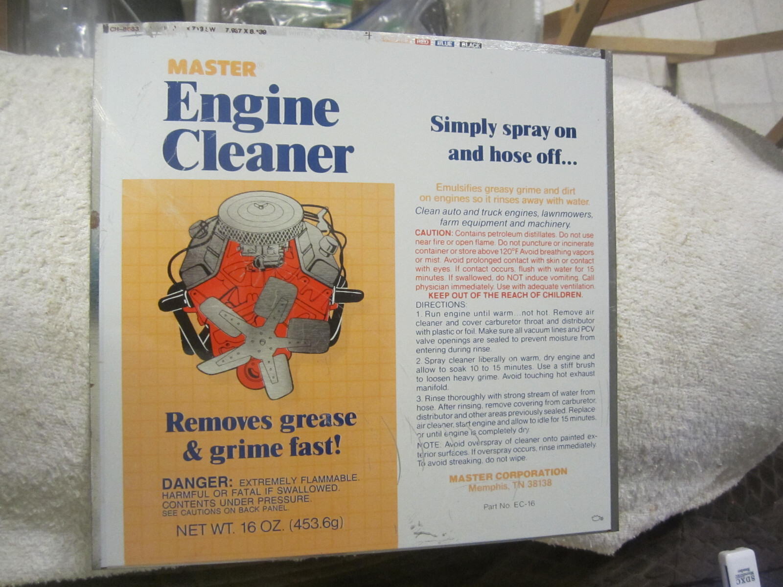 Vintage 1 Master Engine Cleaner Tin Can Factory Unmade Flat Car Auto Display Sign
