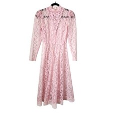 VINTAGE lace midi dress in powder Pink long sleeve sheer size 3/4