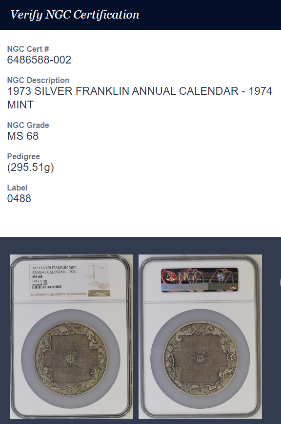 1973 Franklin Mint 1974 Annual Calendar 295.51g / 10oz
