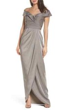 La femme 25206 Surplice Off the Shoulder Column Gown SZ 8 Pewter Mrsp 328